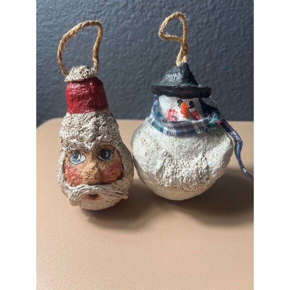 Lot of 2 Vintage Christmas paper Mache Holiday Hanging Ornament  Snowman Sant - Picture 1 of 8